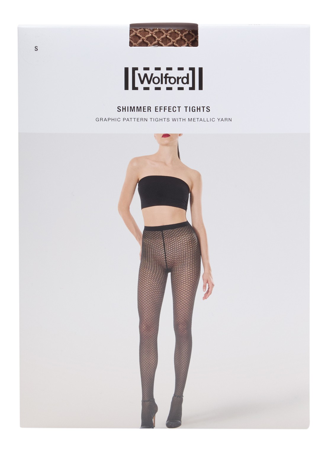 Wolford Shimmer Effect netpanty met lurex in 15 denier - voorkant 3 goud