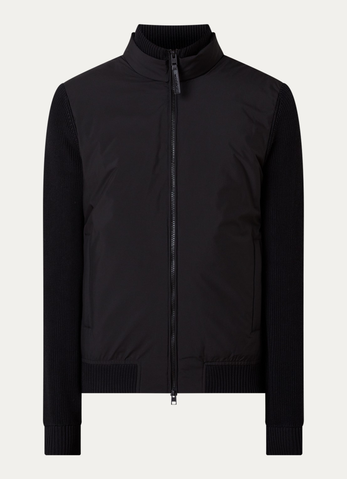 Woolrich Cloud Hybrid ribgebreid vest met gewatteerd voorpand en donsvulling - voorkant zwart