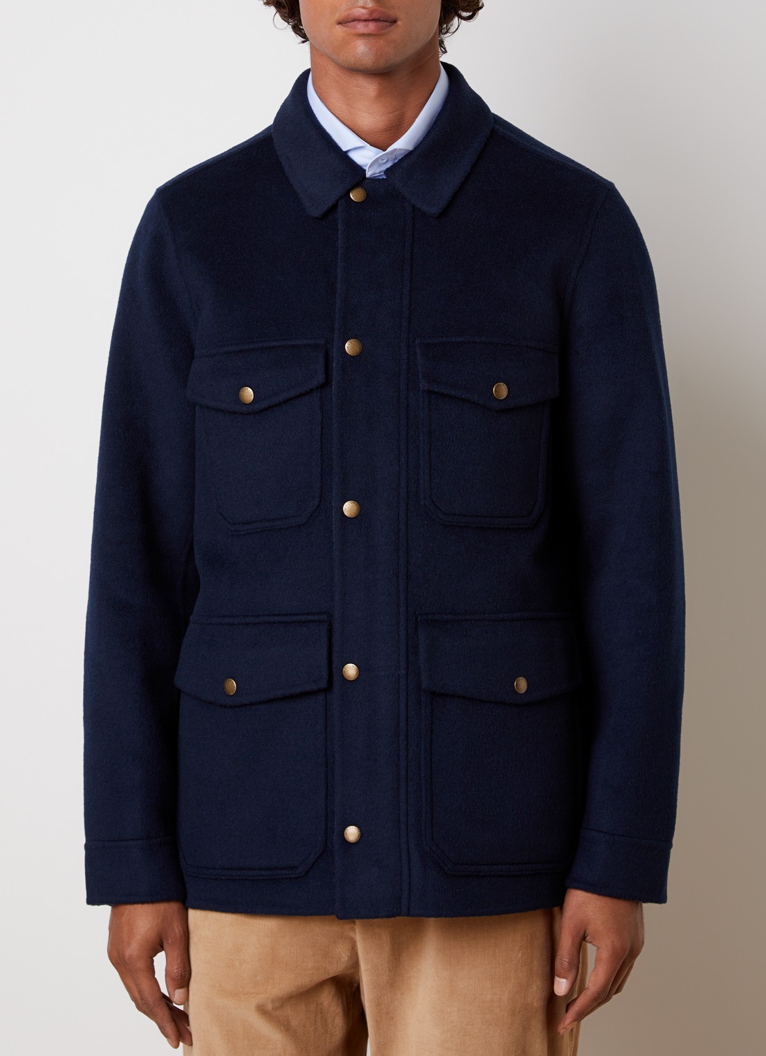 Woolrich Jack in wolblend met klepzakken - detail donkerblauw