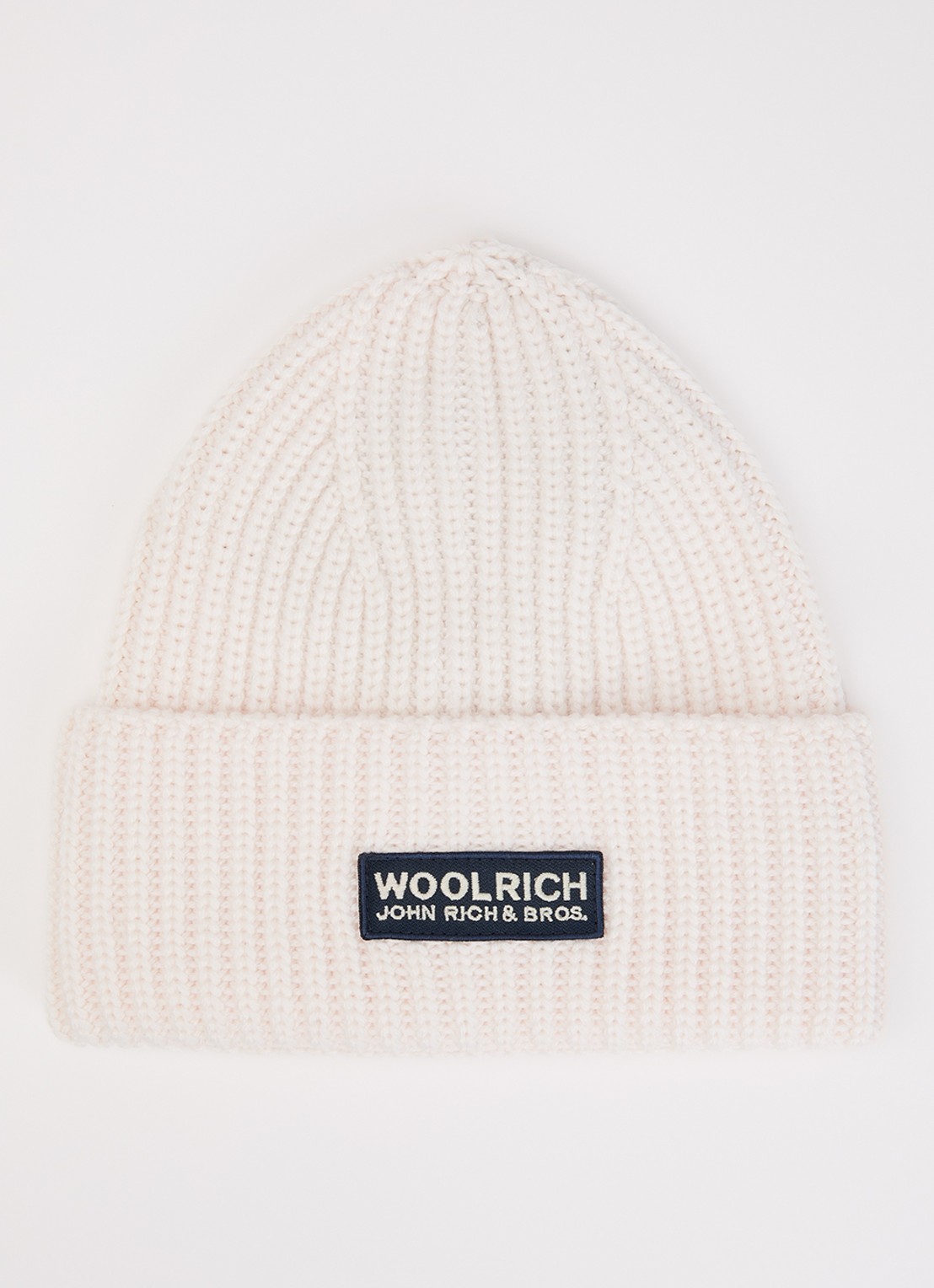 Woolrich Ribgebreide muts van scheerwol met logo - voorkant gebroken wit