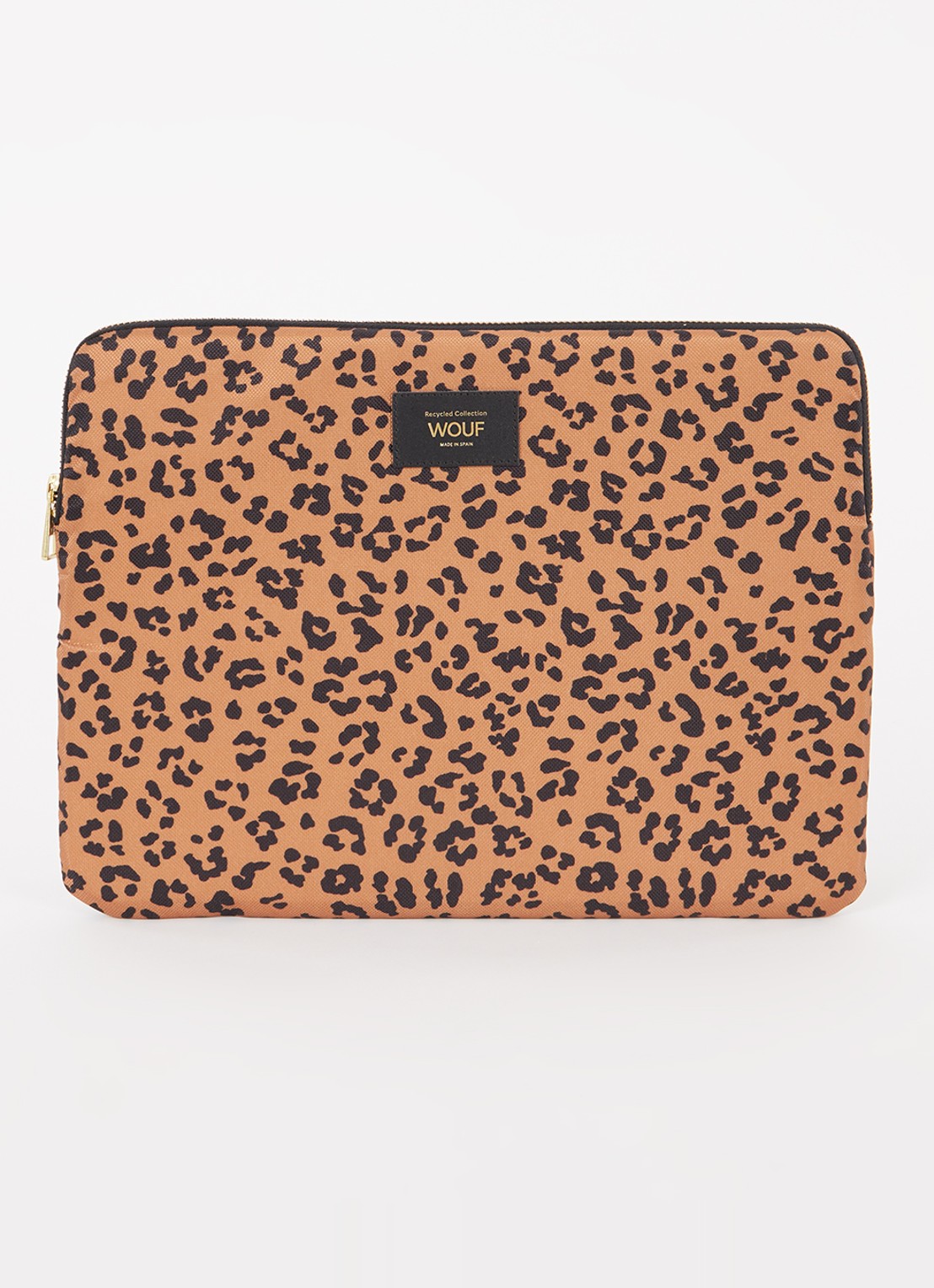 Wouf Agar laptophoes 13 en 14 inch met panterprint - voorkant oranjebruin