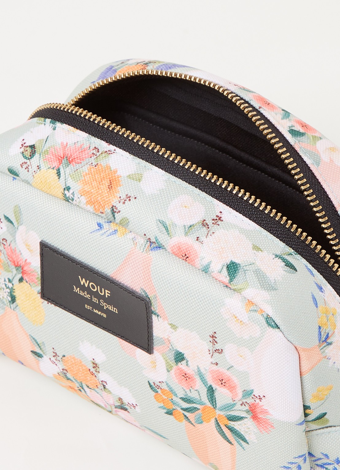 Wouf Aida toilettas met leren details en bloemenprint - detail lindegroen