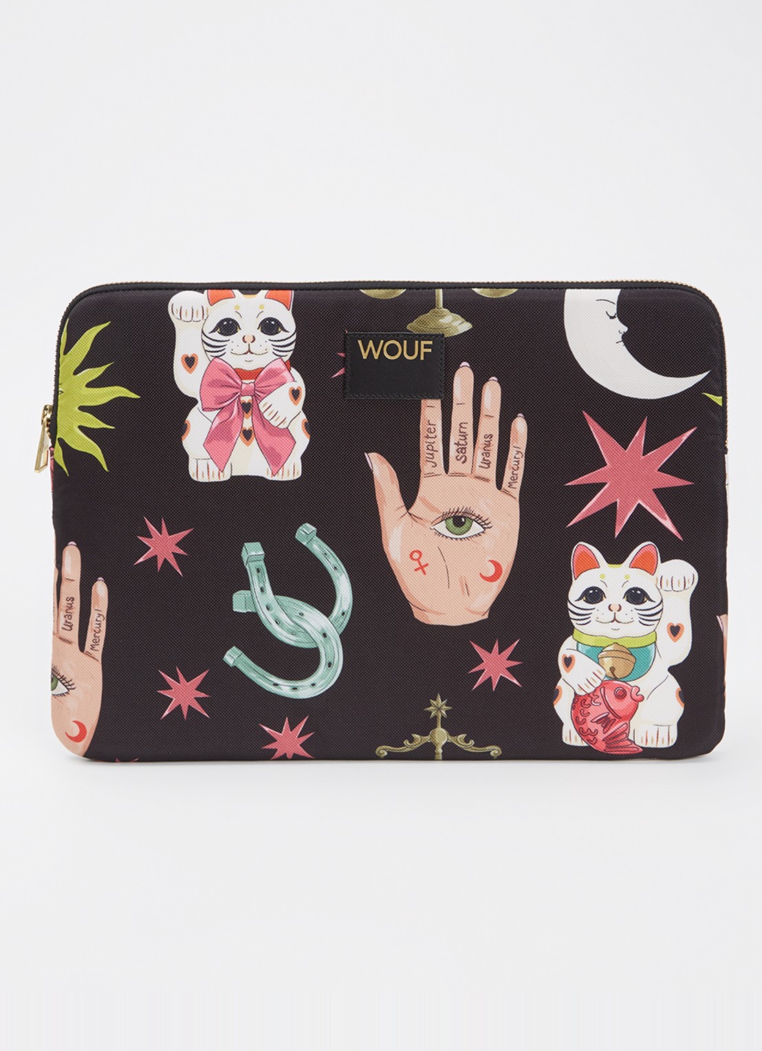 Wouf Fortuna laptophoes 13 en 14 inch met print - voorkant zwart