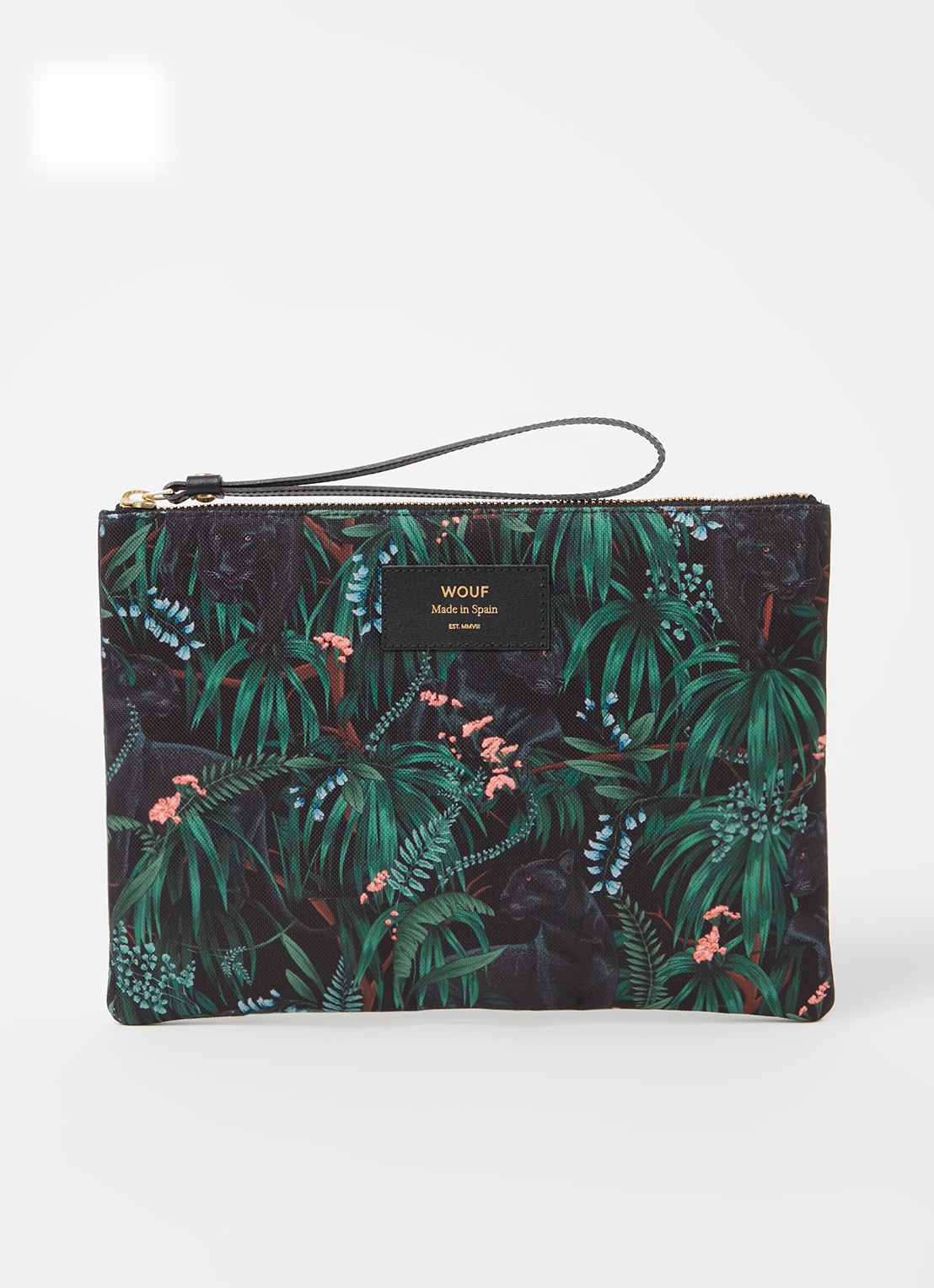 Wouf Janne XL clutch met leren details en print  - voorkant groen