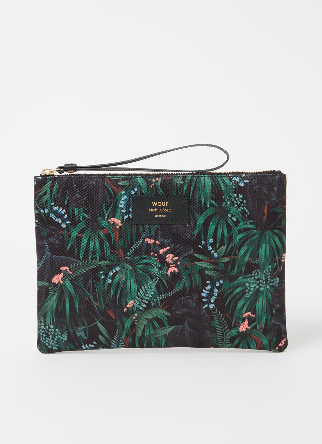 Wouf Janne XL clutch met leren details en print  - voorkant 2 groen