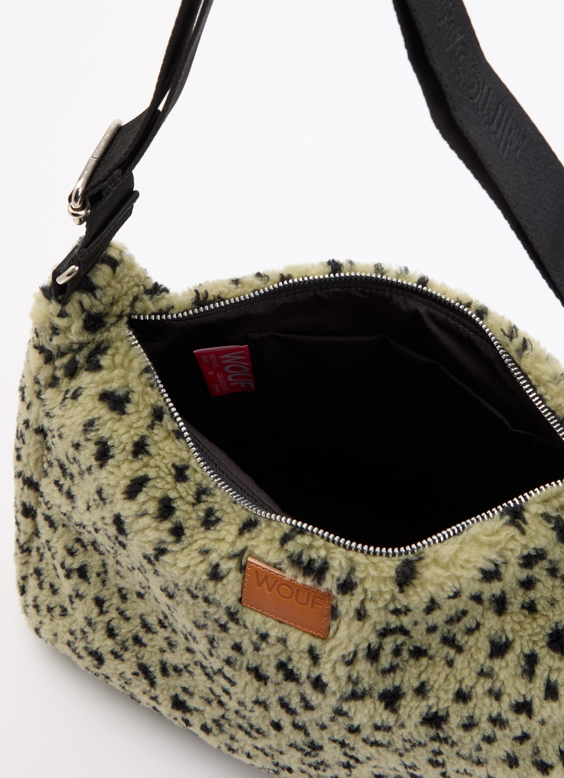Wouf Olivia Hobo schoudertas van teddy met print - detail 3 groen