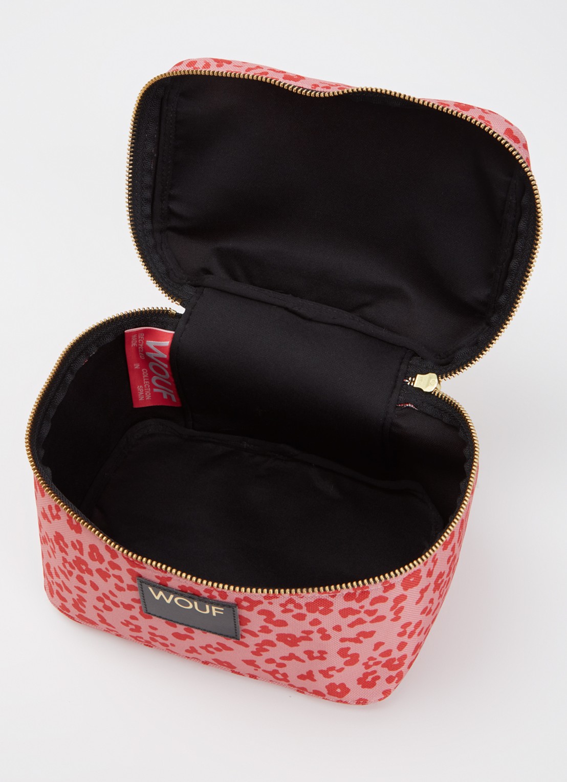 Wouf Roar make-up tas met panterprint - detail 2 koraalroze