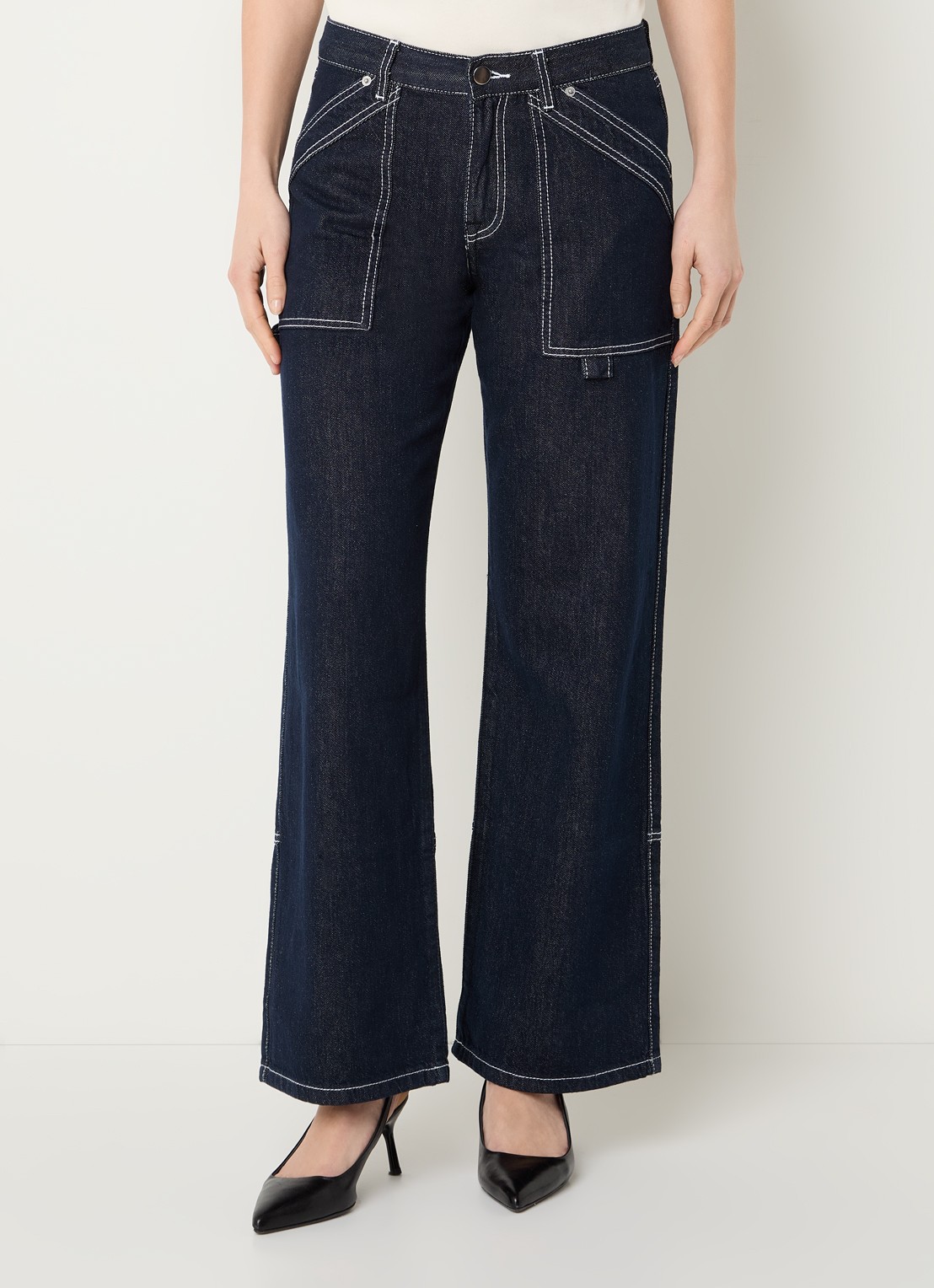 WRSTBHVR Leandra mid waist wide leg jeans met donkere wassing - detail indigo