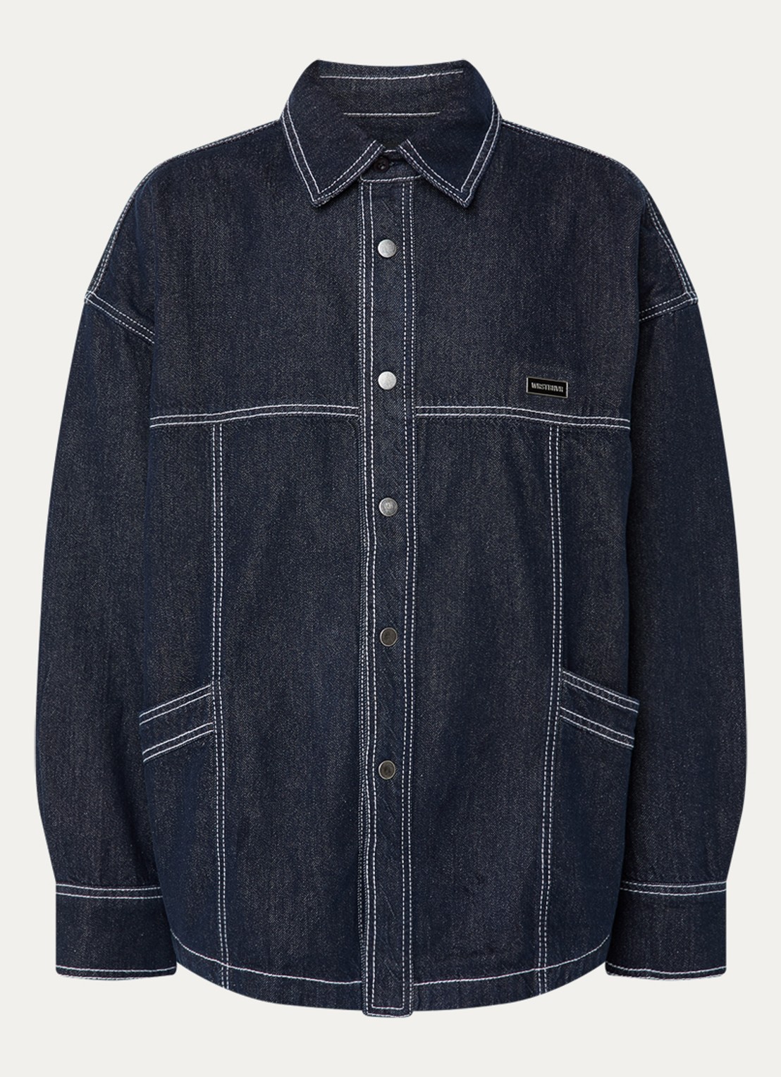 WRSTBHVR Leandra oversized blouse van denim met steekzakken - voorkant 3 donkerblauw