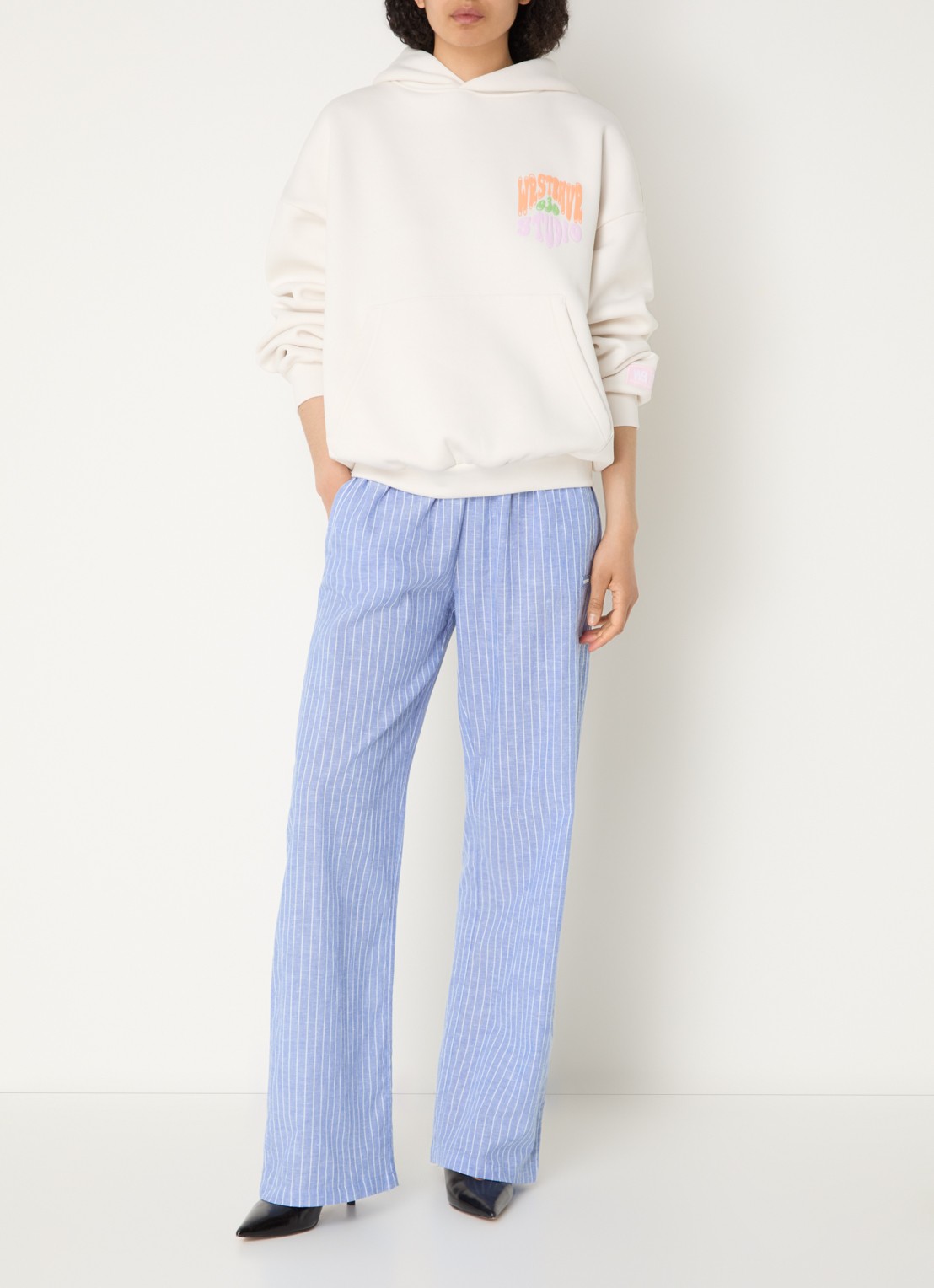 WRSTBHVR Tavina high waist straight fit broek in linnenblend - voorkant 3 blauwgrijs