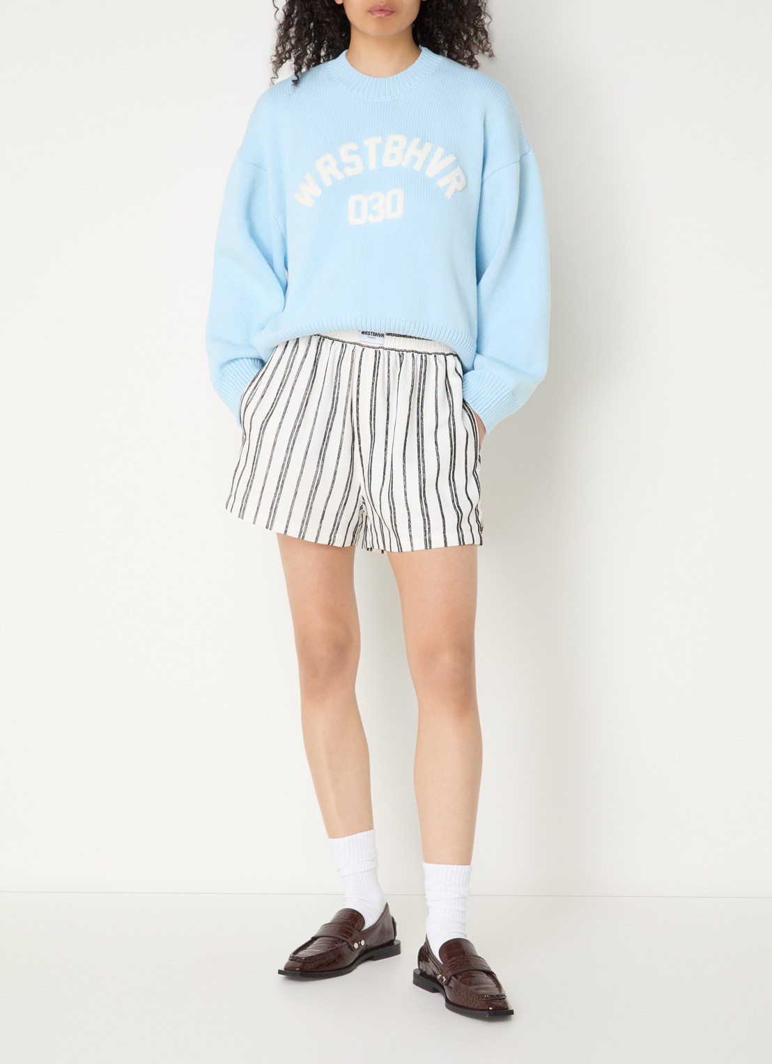 WRSTBHVR Tavina high waist straight fit korte broek met streepprint - voorkant 2 wit