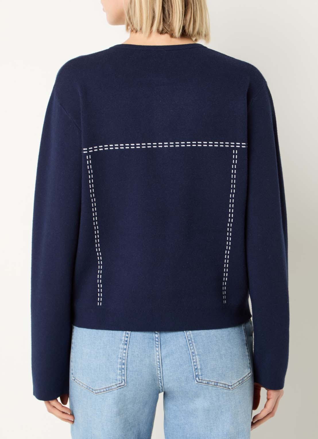 Xandres Alania fijngebreid vest met ingebreide print - achterkant donkerblauw