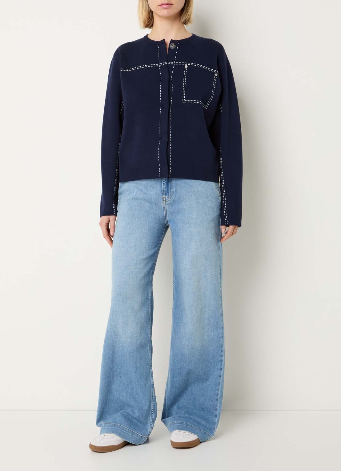 Xandres Alania fijngebreid vest met ingebreide print - voorkant 3 donkerblauw