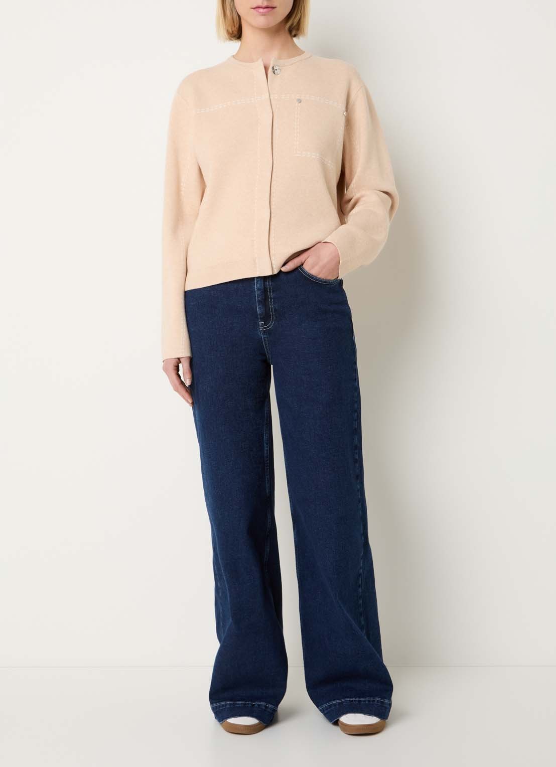 Xandres Alania fijngebreid vest met print - voorkant 4 creme