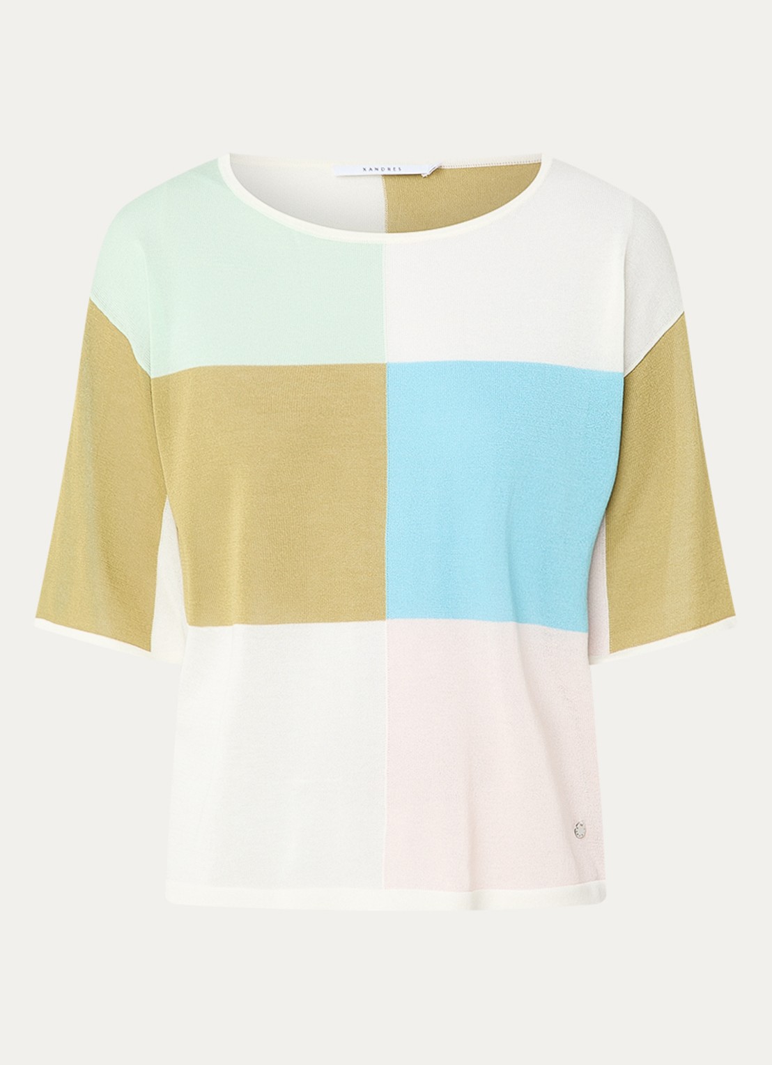 Xandres Aliena fijngebreide trui met colour blocking - voorkant mosgroen
