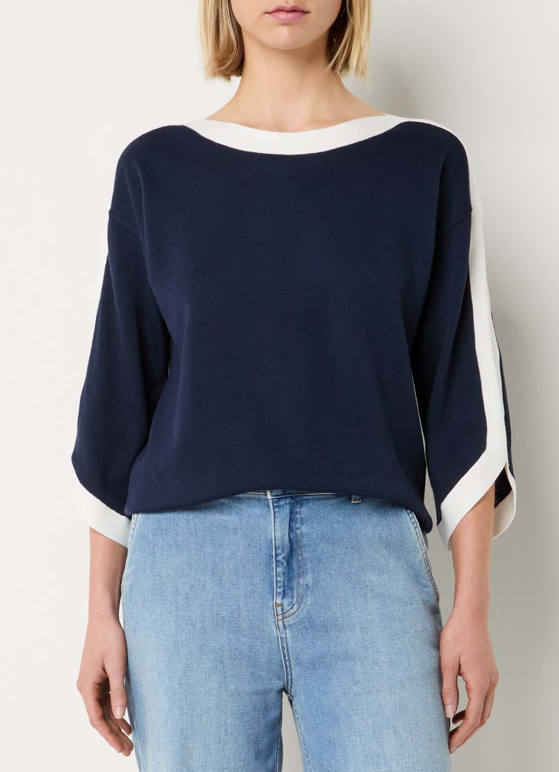 Xandres Azzuro fijngebreide pullover met boothals - detail donkerblauw