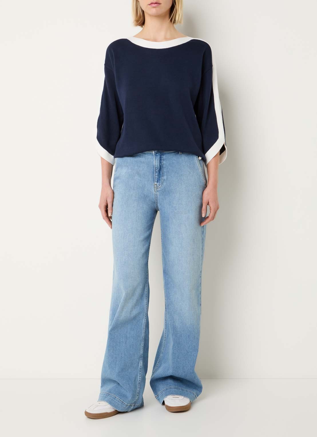 Xandres Azzuro fijngebreide pullover met boothals - voorkant 4 donkerblauw