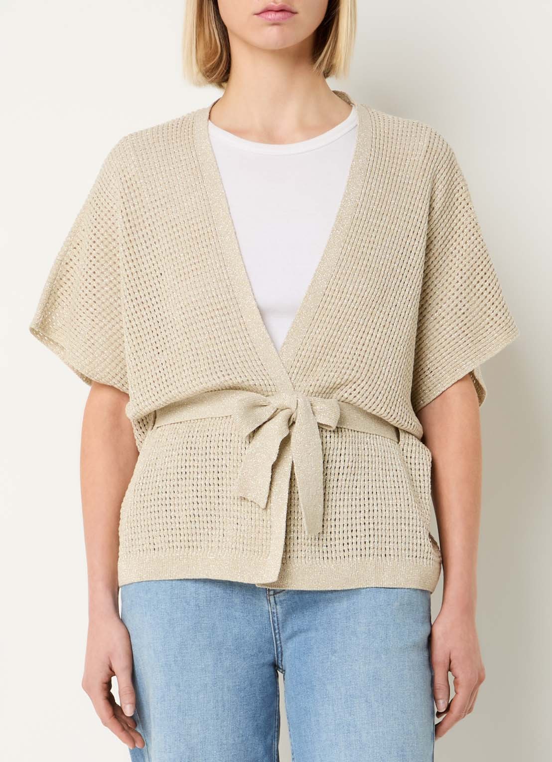 Xandres Binta grofgebreid gilet met lurex en strikceintuur - detail 2 lindegroen