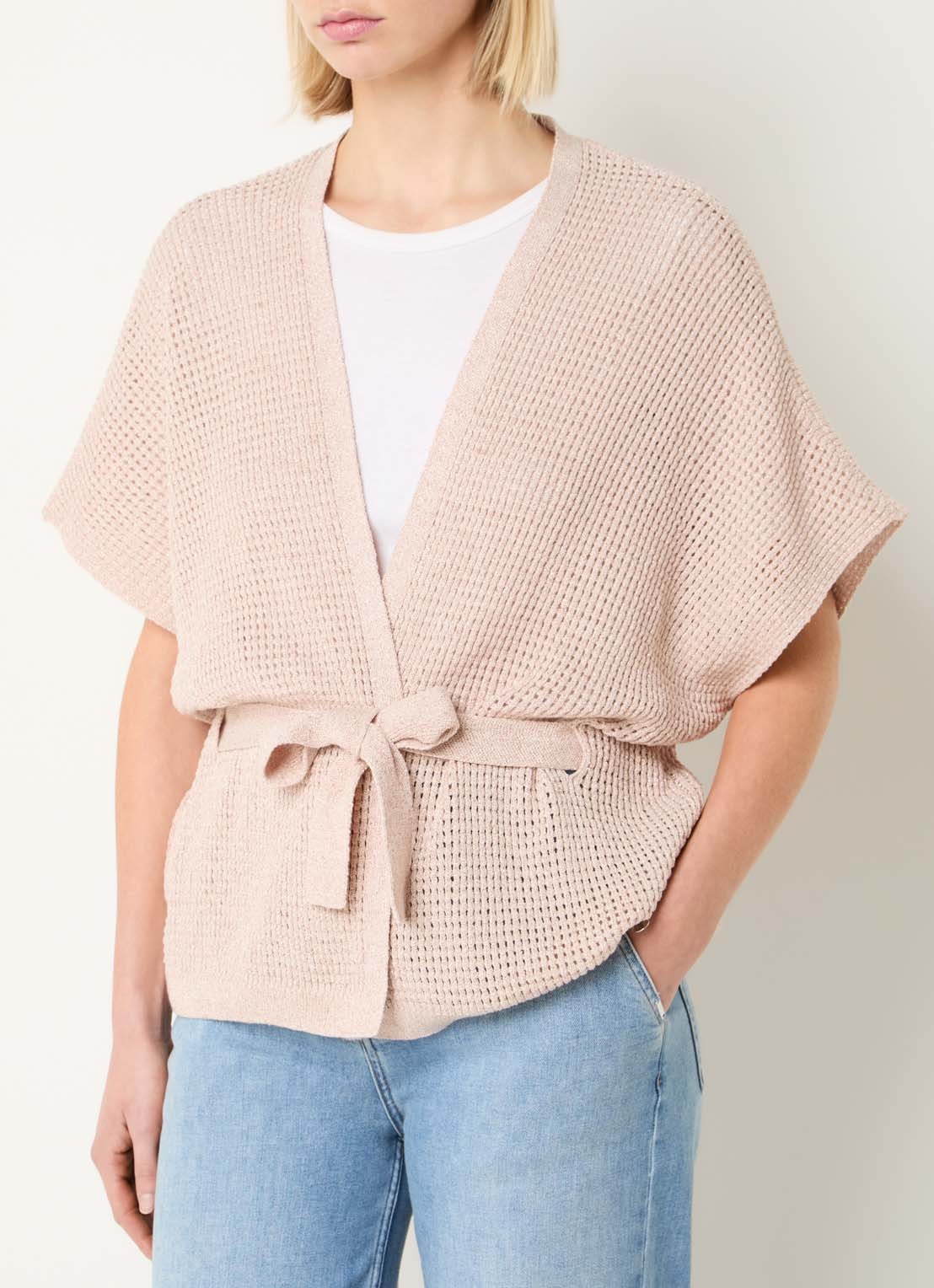 Xandres Binta grofgebreid gilet met lurex en strikceintuur - detail 2 oudroze