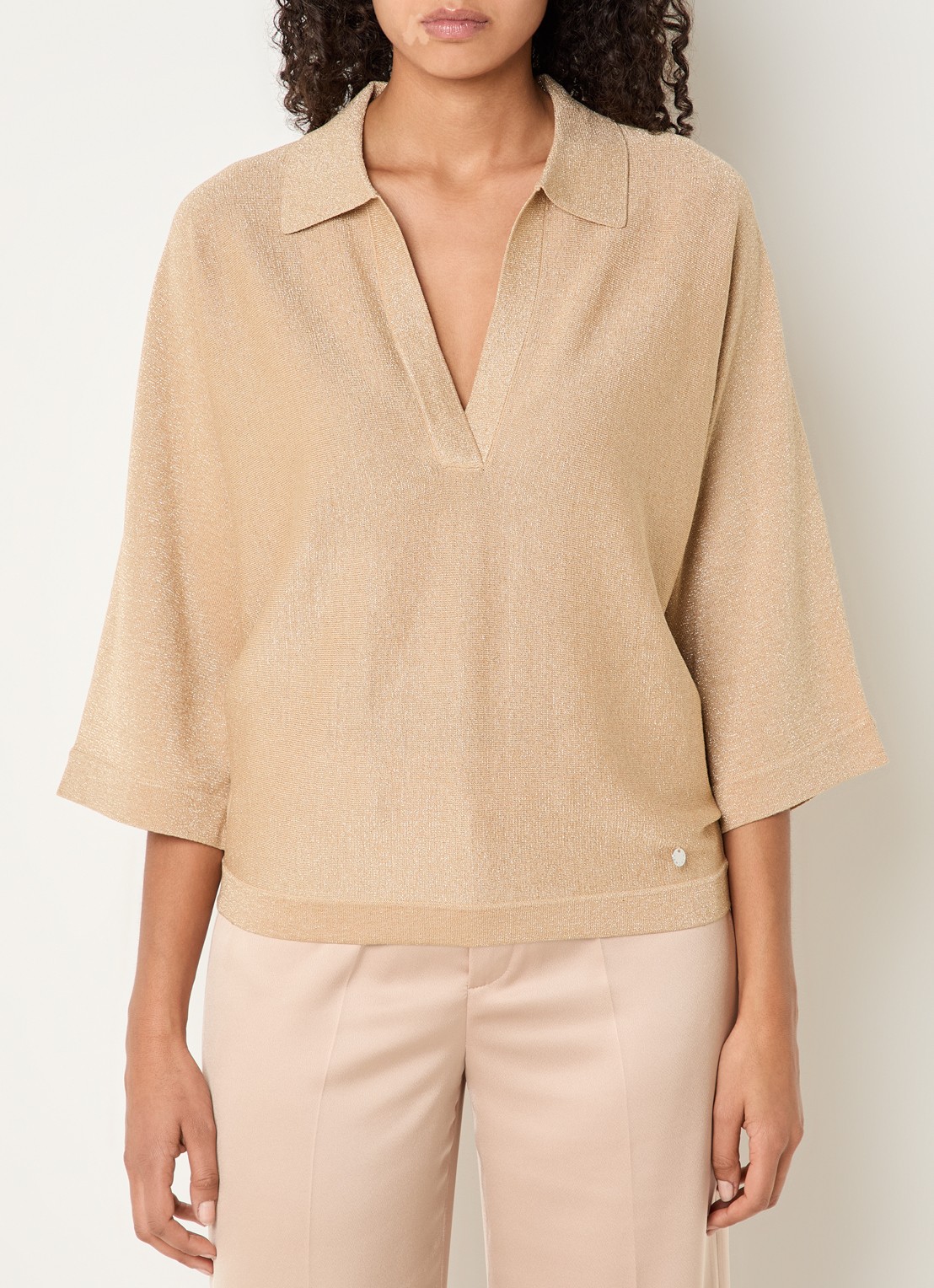Xandres Fijngebreide top met polokraag en lurex - detail camel