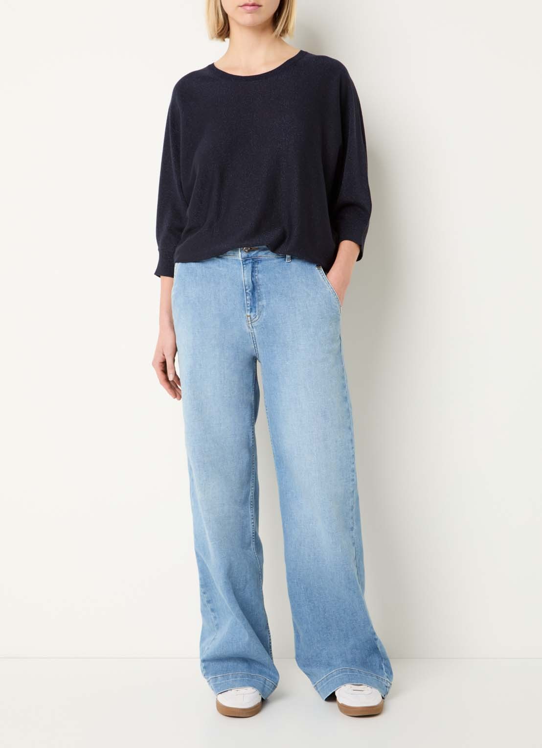 Xandres Gerrett fijngebreide top met lurex - voorkant 2 donkerblauw