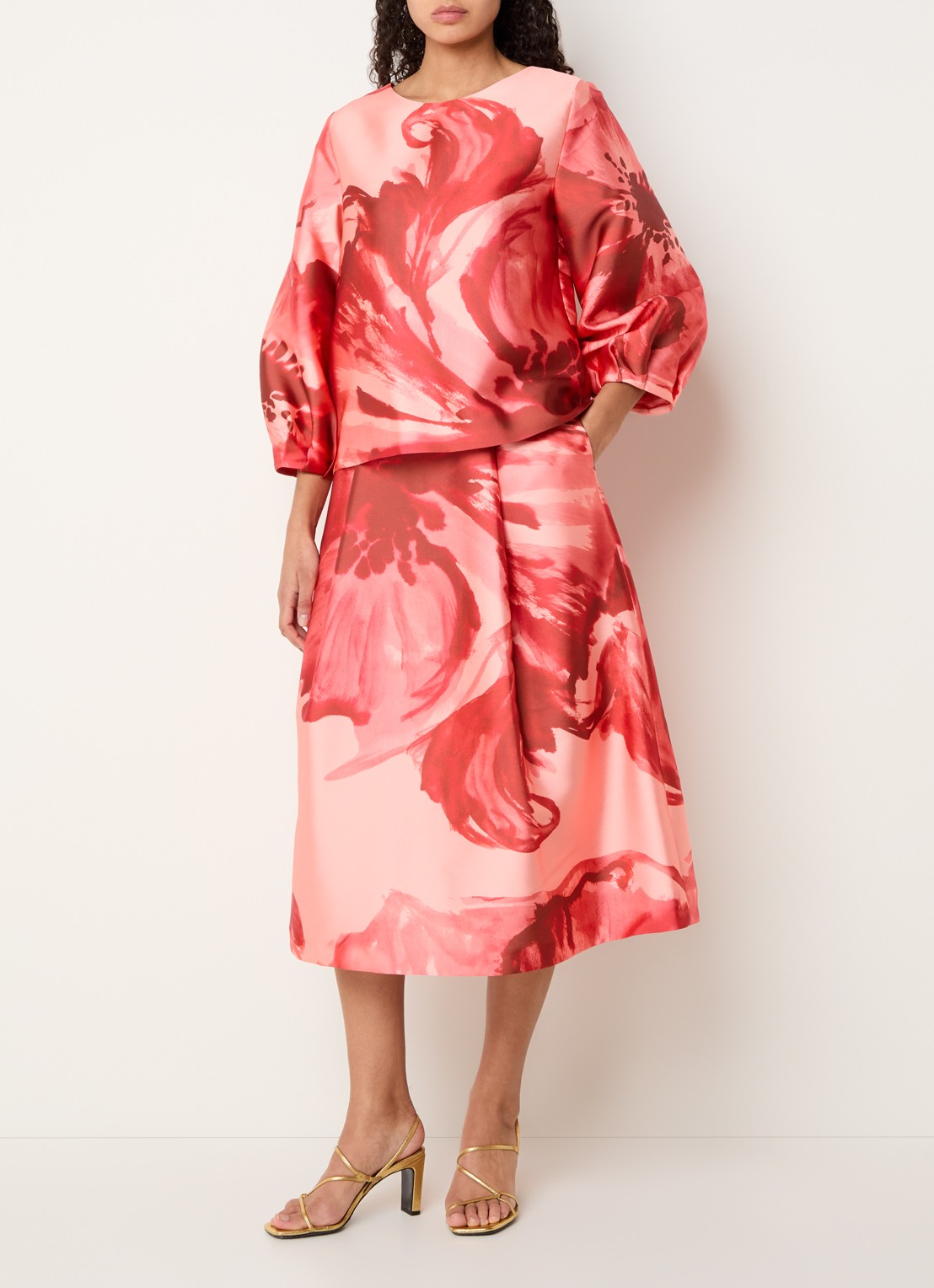 Xandres Hanzie tuniek met pofmouw en bloemenprint - voorkant 2 rood