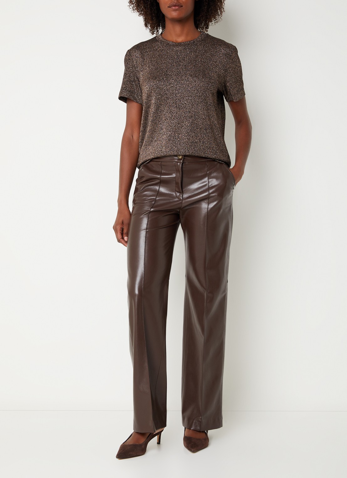 Xandres Helle top met lurex en stretch - voorkant 4 bruin