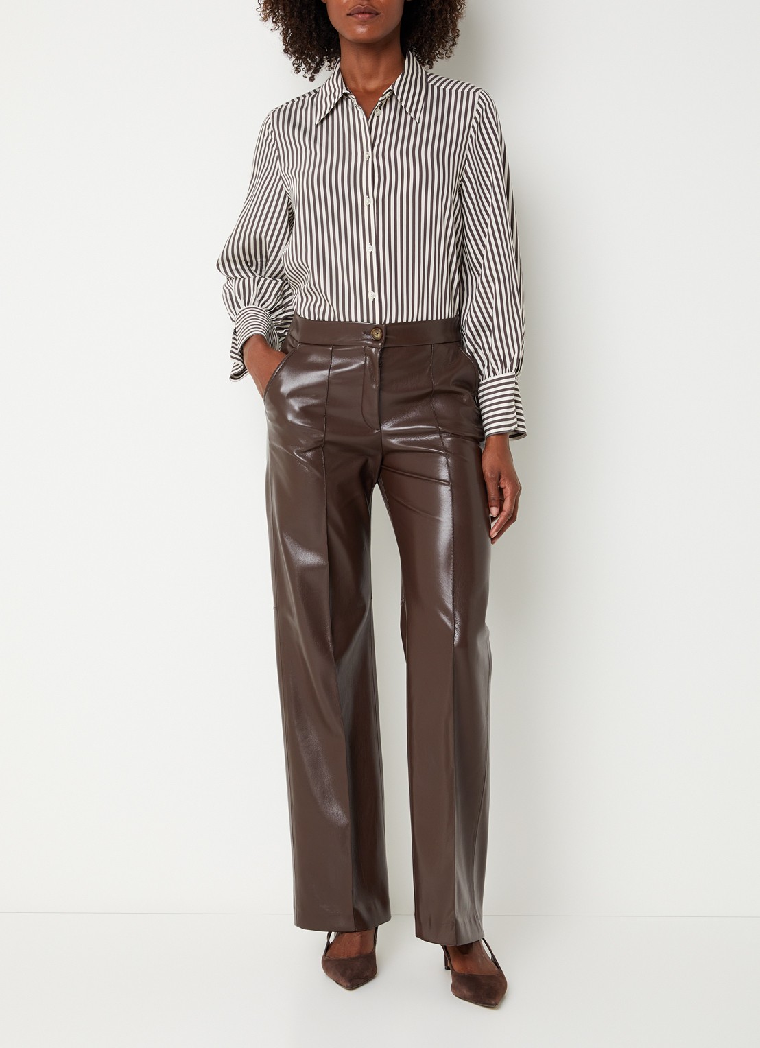 Xandres Heloisa blouse met streepprint - voorkant 2 donkerbruin