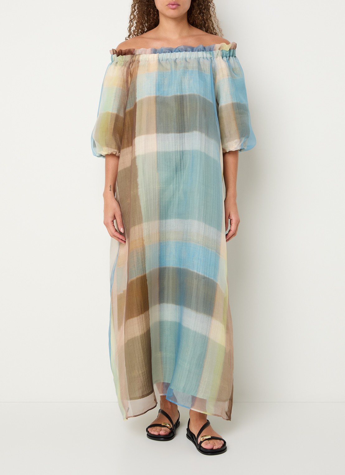 Xandres Katari oversized maxi jurk met colour blocking - detail 4 staalblauw