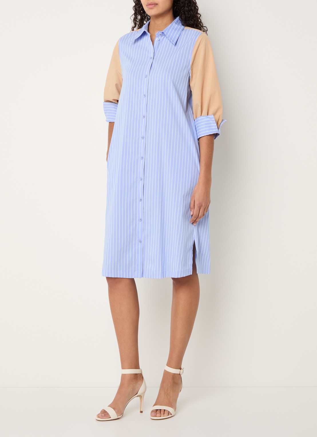 Xandres Katriena midi blousejurk met streepprint - detail 2 staalblauw
