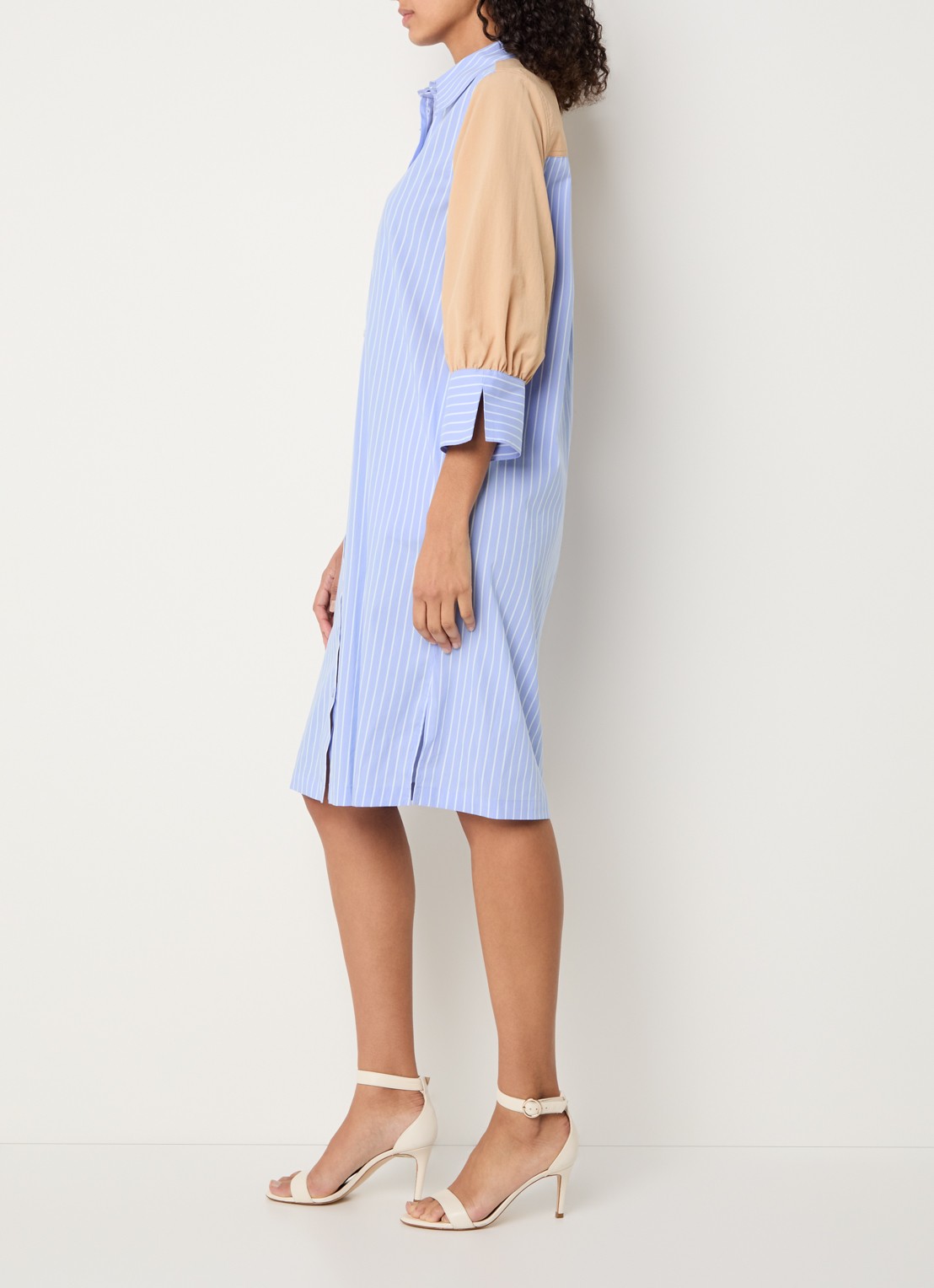 Xandres Katriena midi blousejurk met streepprint - voorkant 4 staalblauw