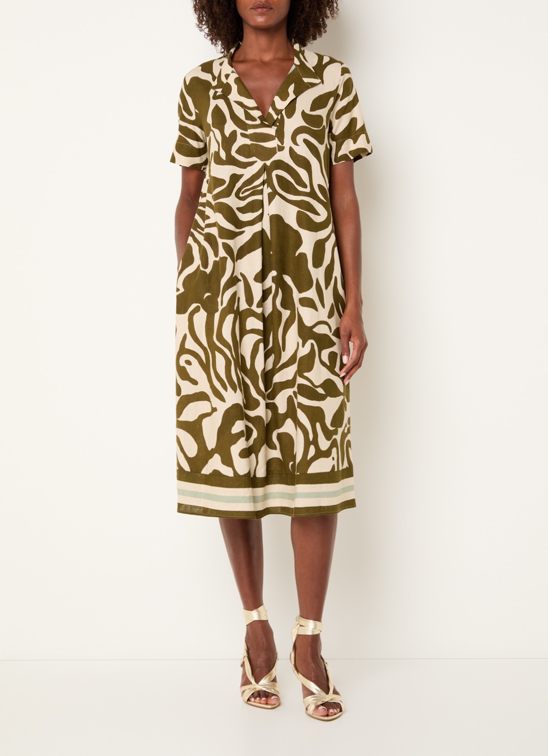 Xandres Kirania midi jurk in linnenblend met print - detail 2 bronsgroen