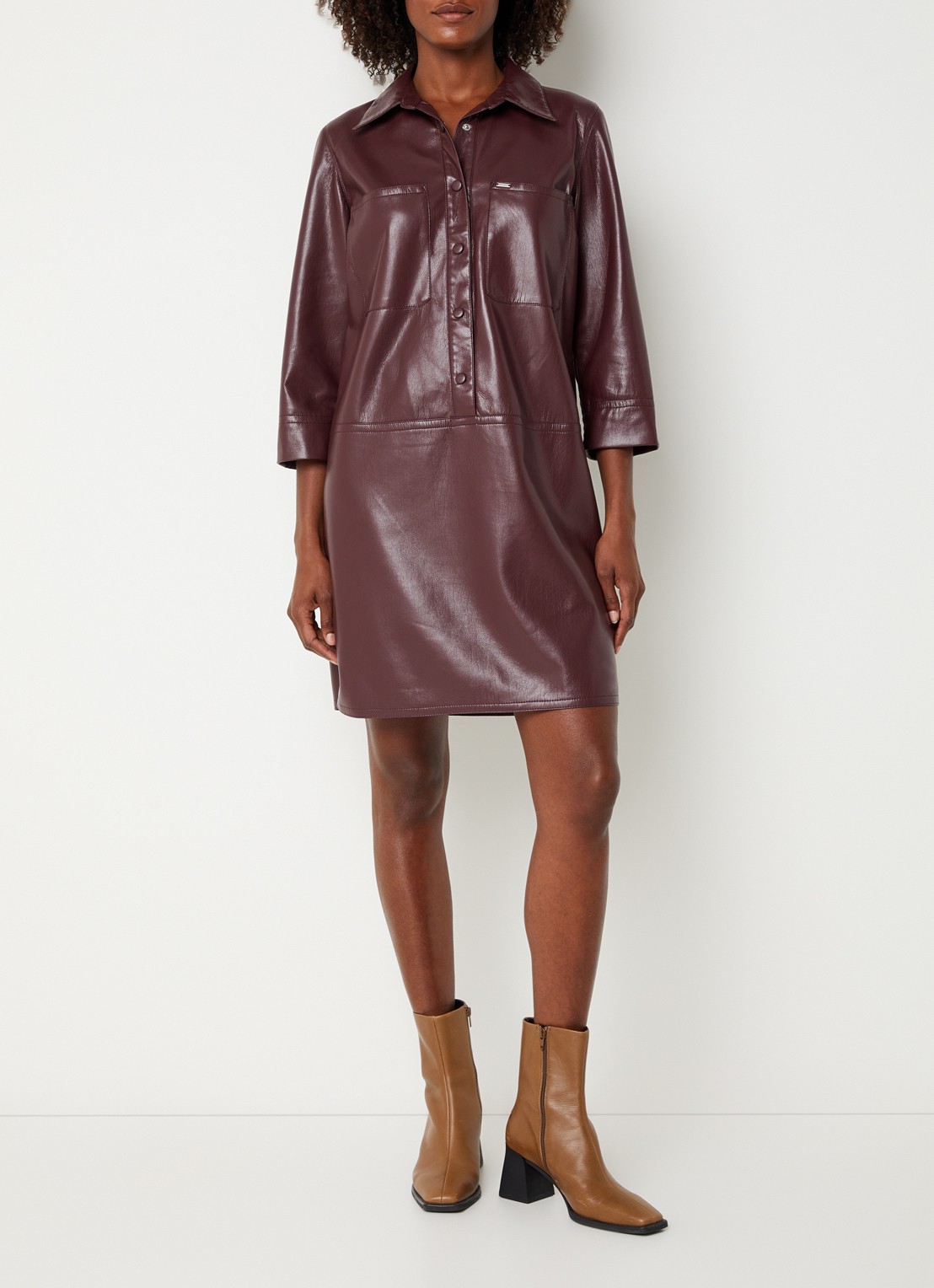 Xandres Kobien mini blousejurk van imitatieleer - voorkant 4 aubergine