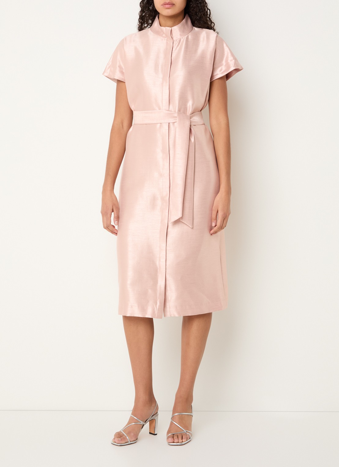 Xandres Koji midi blousejurk met metallic finish - detail zalmroze