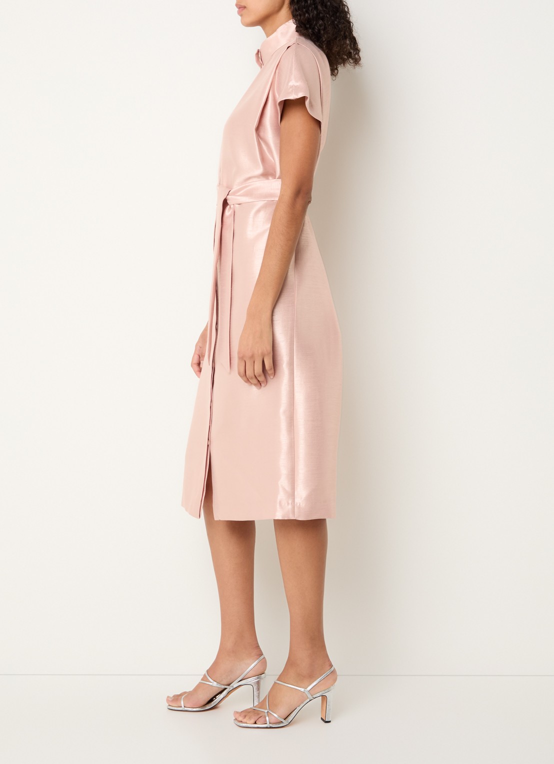 Xandres Koji midi blousejurk met metallic finish - voorkant 4 zalmroze