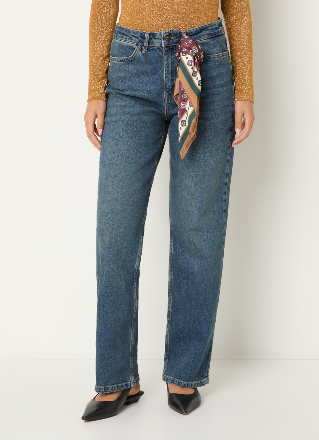 Xandres Pascal high waist straight leg jeans met medium wassing en sjaaldetail  - detail 3 indigo