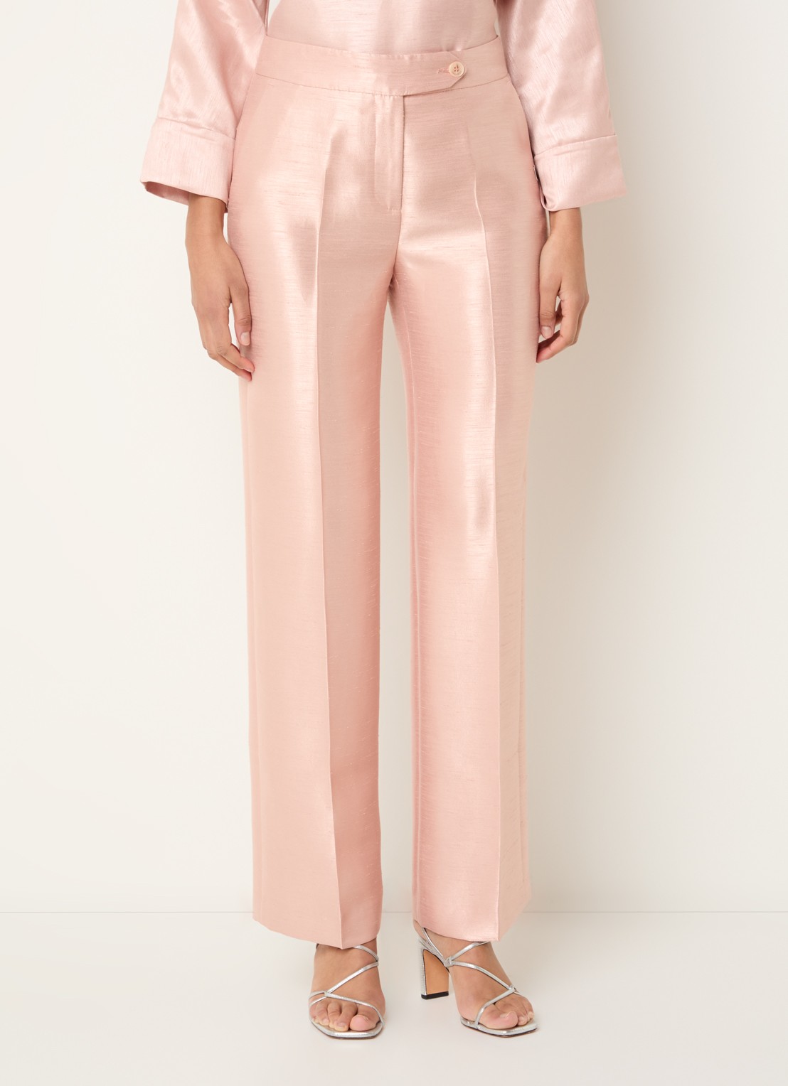 Xandres Peyvin high waist wide leg pantalon met metallic finish - detail 2 zalmroze