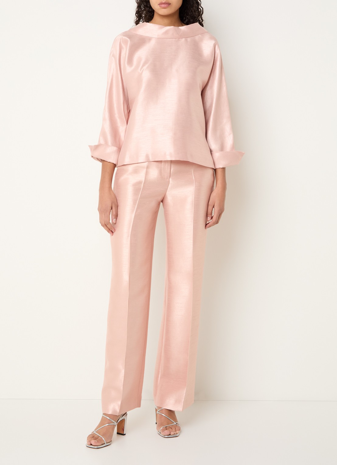 Xandres Peyvin high waist wide leg pantalon met metallic finish - voorkant 4 zalmroze