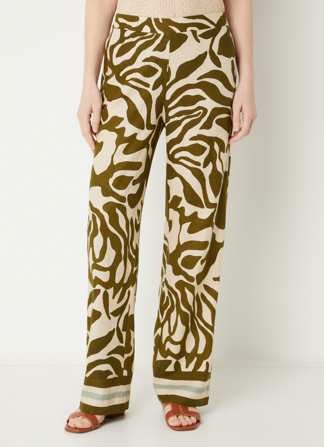 Xandres Phocas high waist straight fit pantalon in linnenblend met print - detail 4 bronsgroen