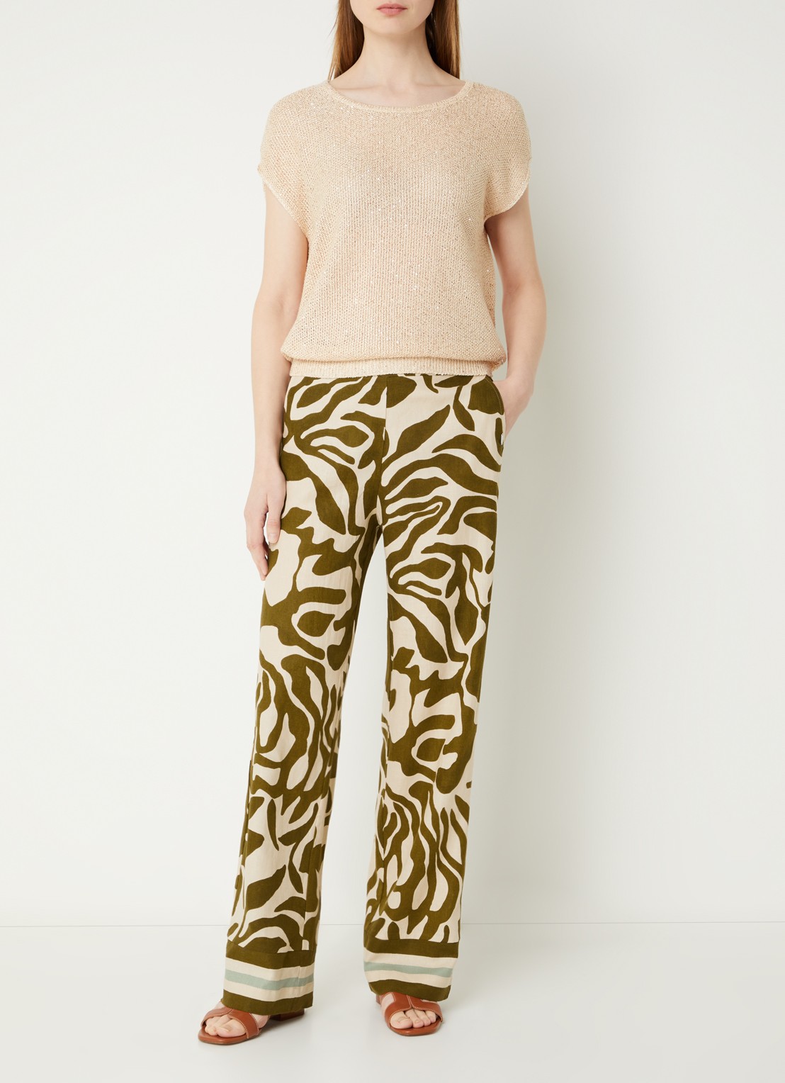 Xandres Phocas high waist straight fit pantalon in linnenblend met print - voorkant 2 bronsgroen