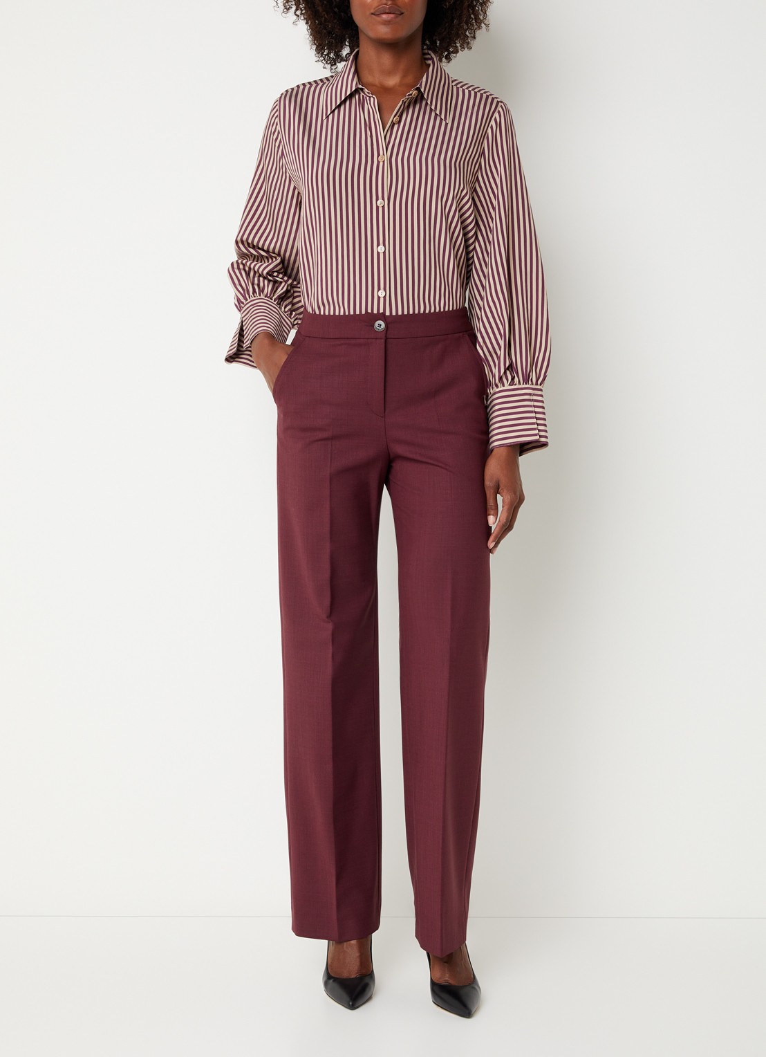 Xandres Phocus high waist straight fit pantalon in woblend met steekzakken - voorkant 4 aubergine