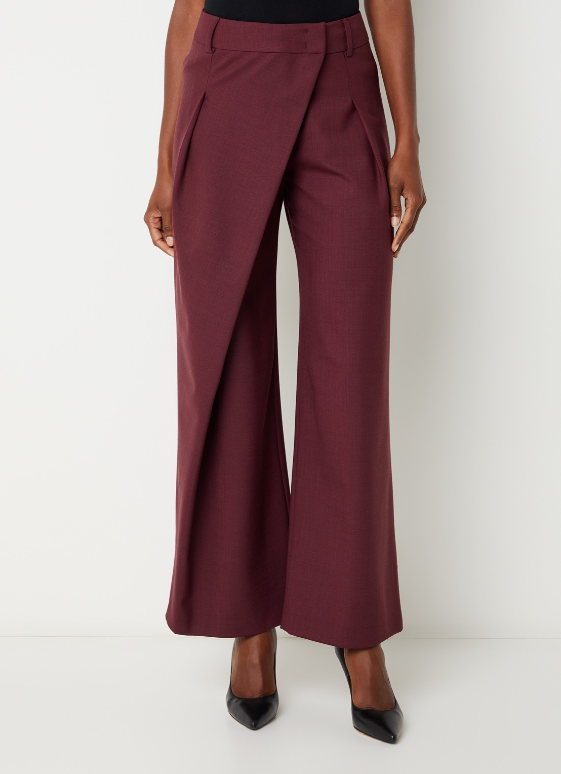Xandres Pifo high waist wide fit pantalon in wolblend met steekzakken - detail aubergine
