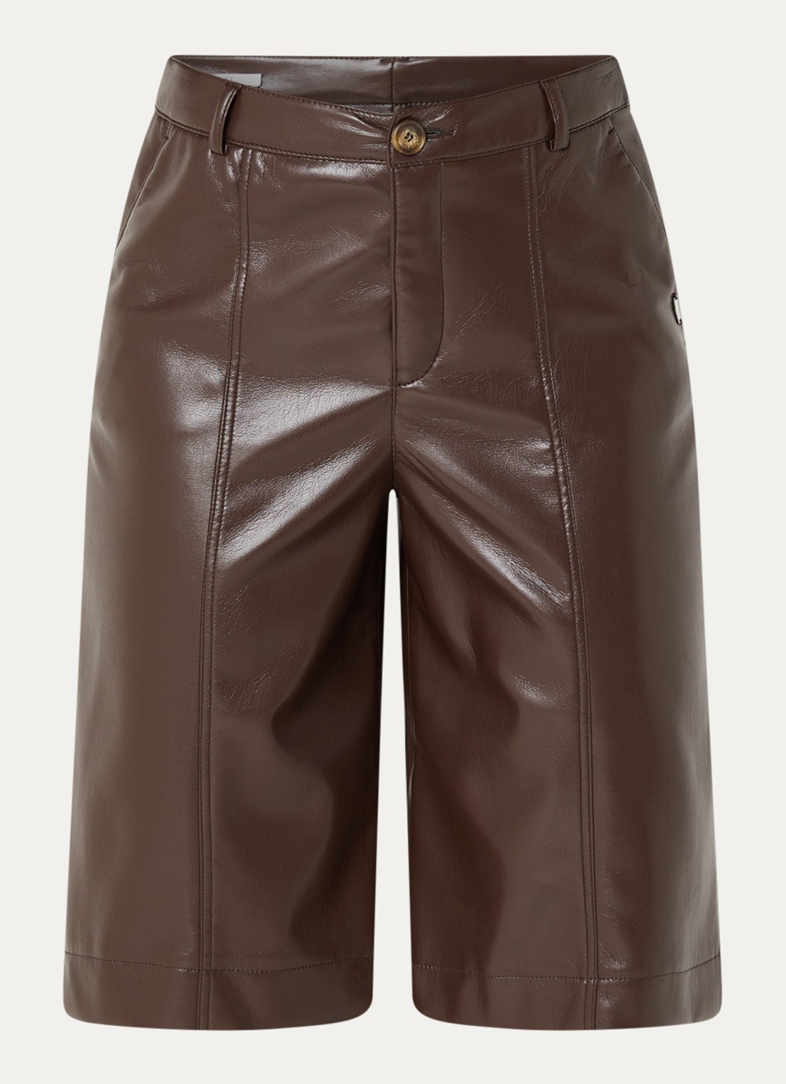Xandres Puzanne high waist straight fit korte broek van imitatieleer - voorkant 2 donkerbruin