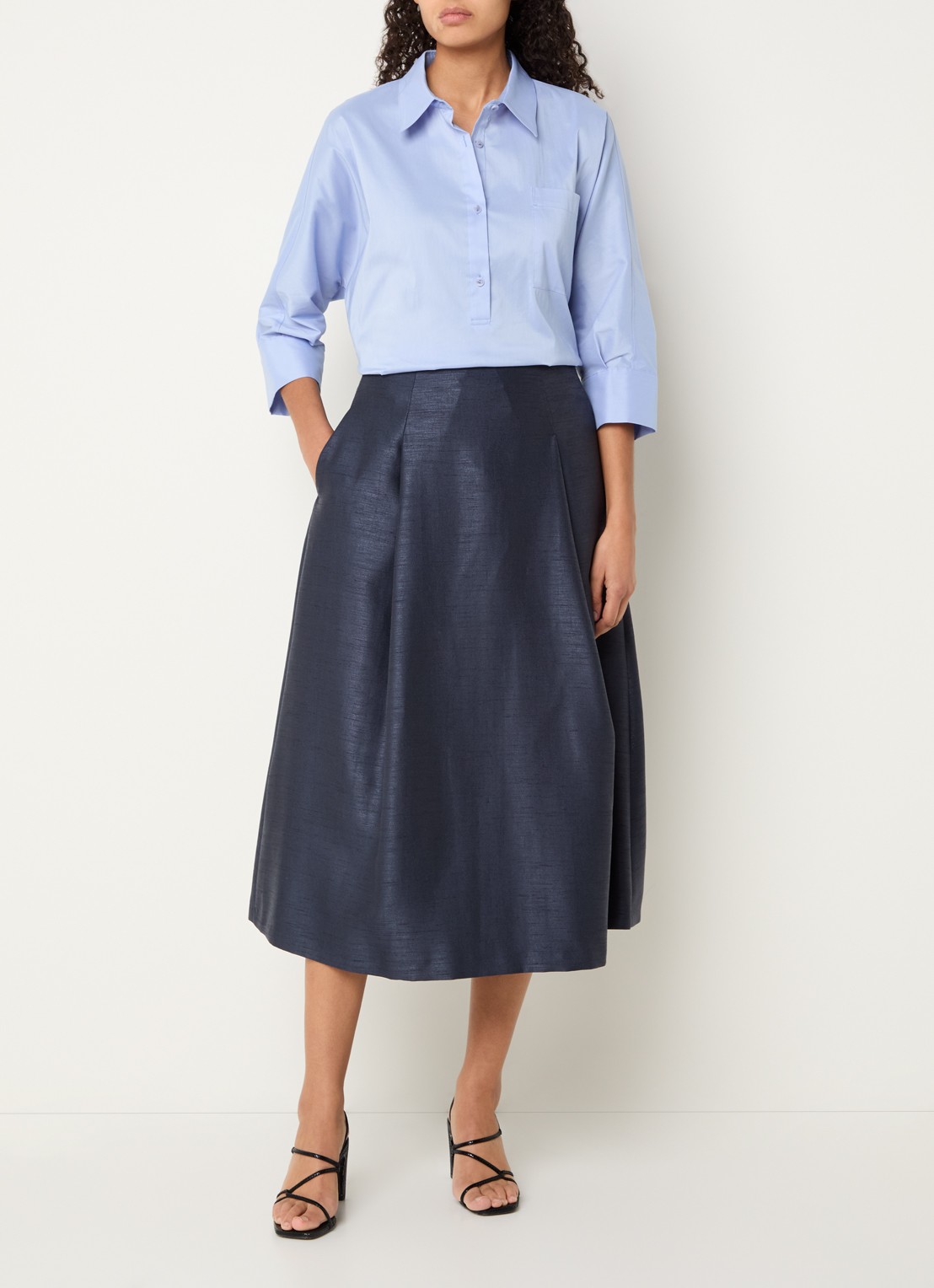 Xandres Rayma midi A-lijn rok met metallic finish - voorkant 3 donkerblauw