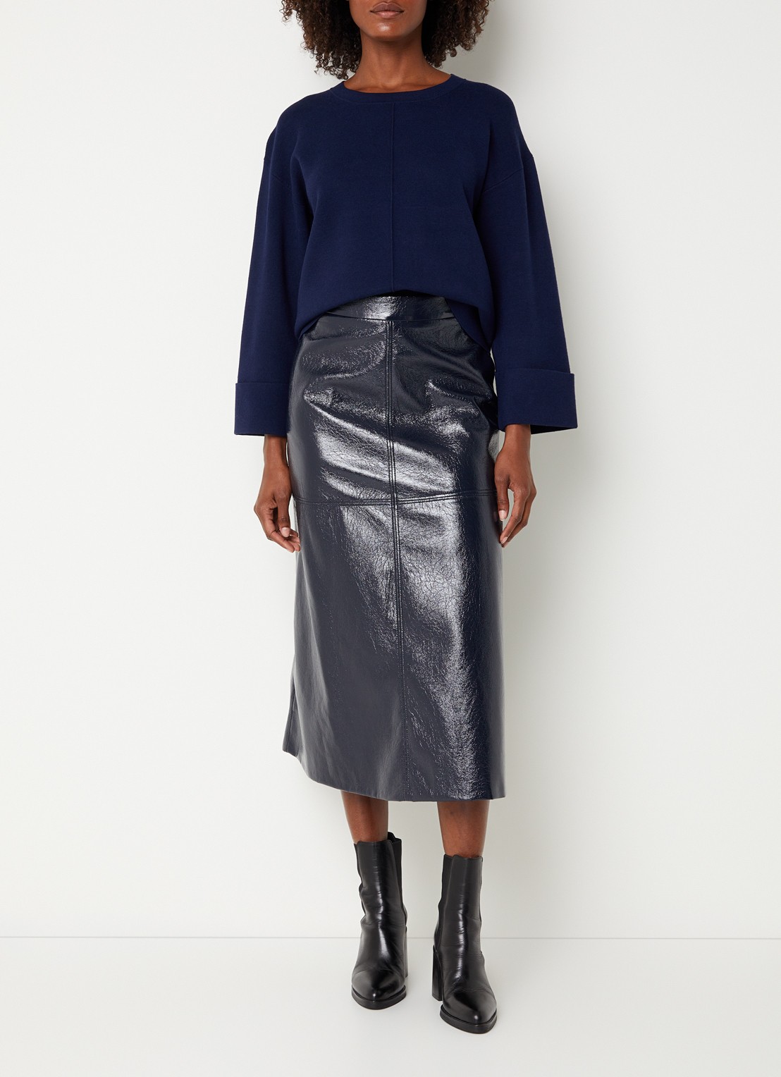 Xandres Rheya midi rok van imitatieleer met steekzakken - voorkant 3 donkerblauw