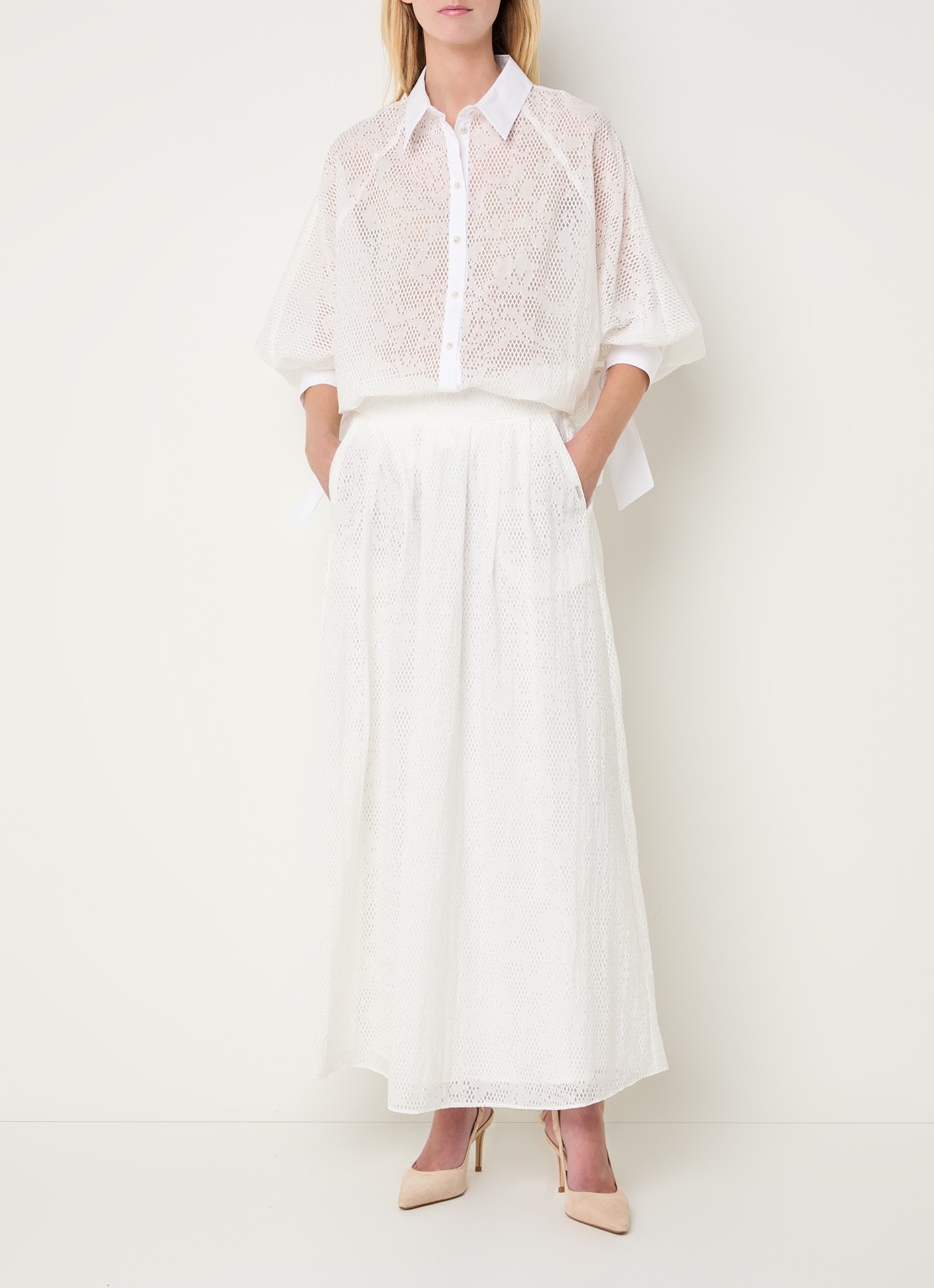 Xandres Rive maxi A-lijn rok met mesh - voorkant 3 wit