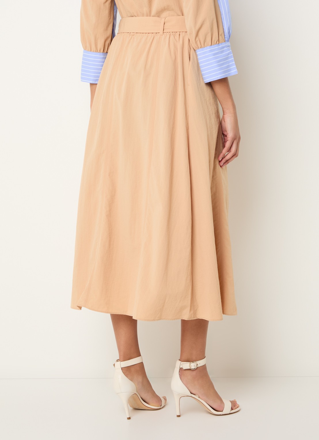 Xandres Rossi high waist midi A-lijn rok met strikceintuur - achterkant 4 camel