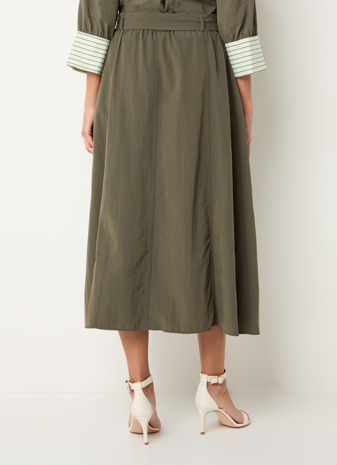 Xandres Rossi high waist midi A-lijn rok met strikceintuur - achterkant bronsgroen