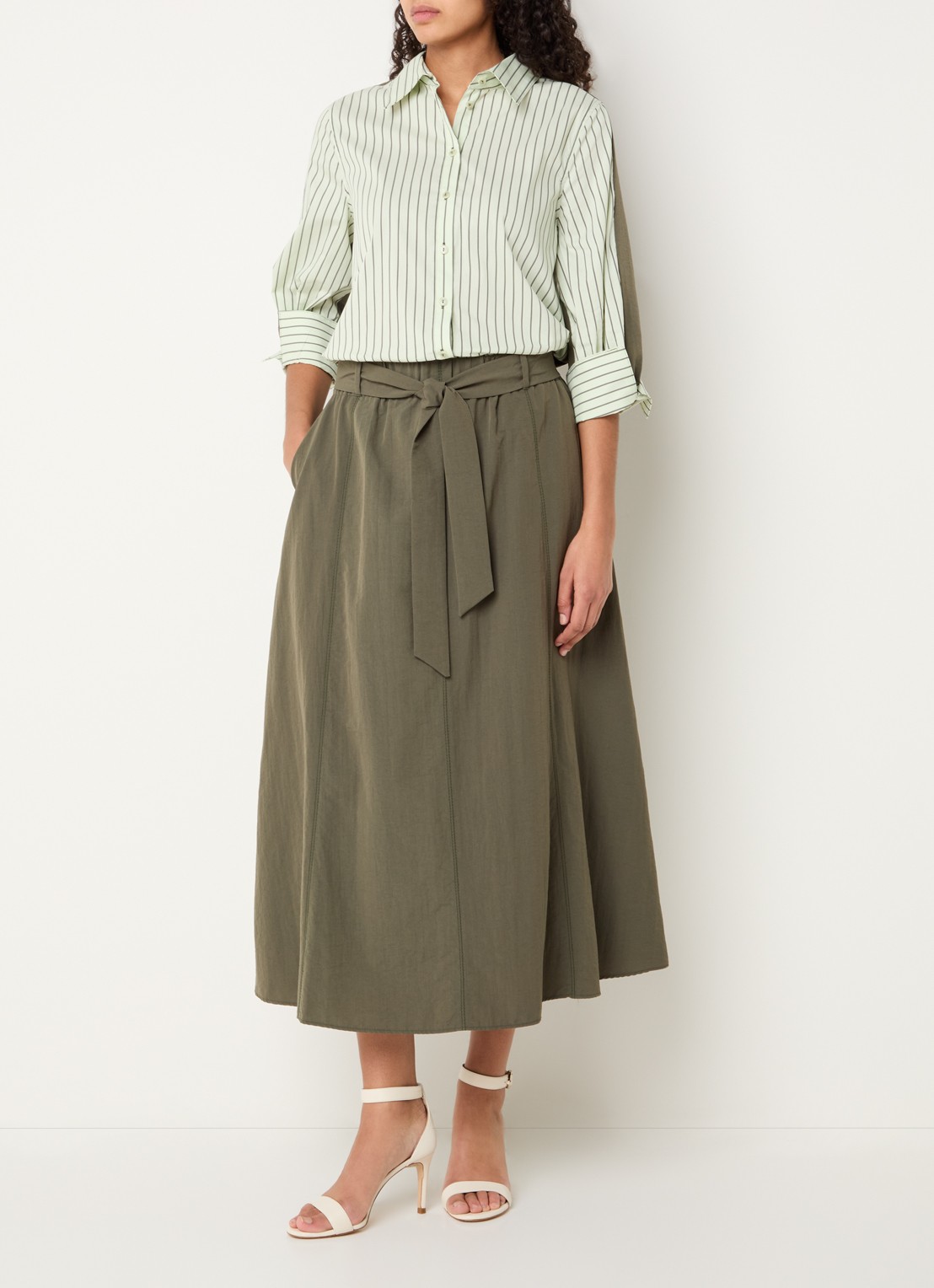 Xandres Rossi high waist midi A-lijn rok met strikceintuur - voorkant 4 bronsgroen