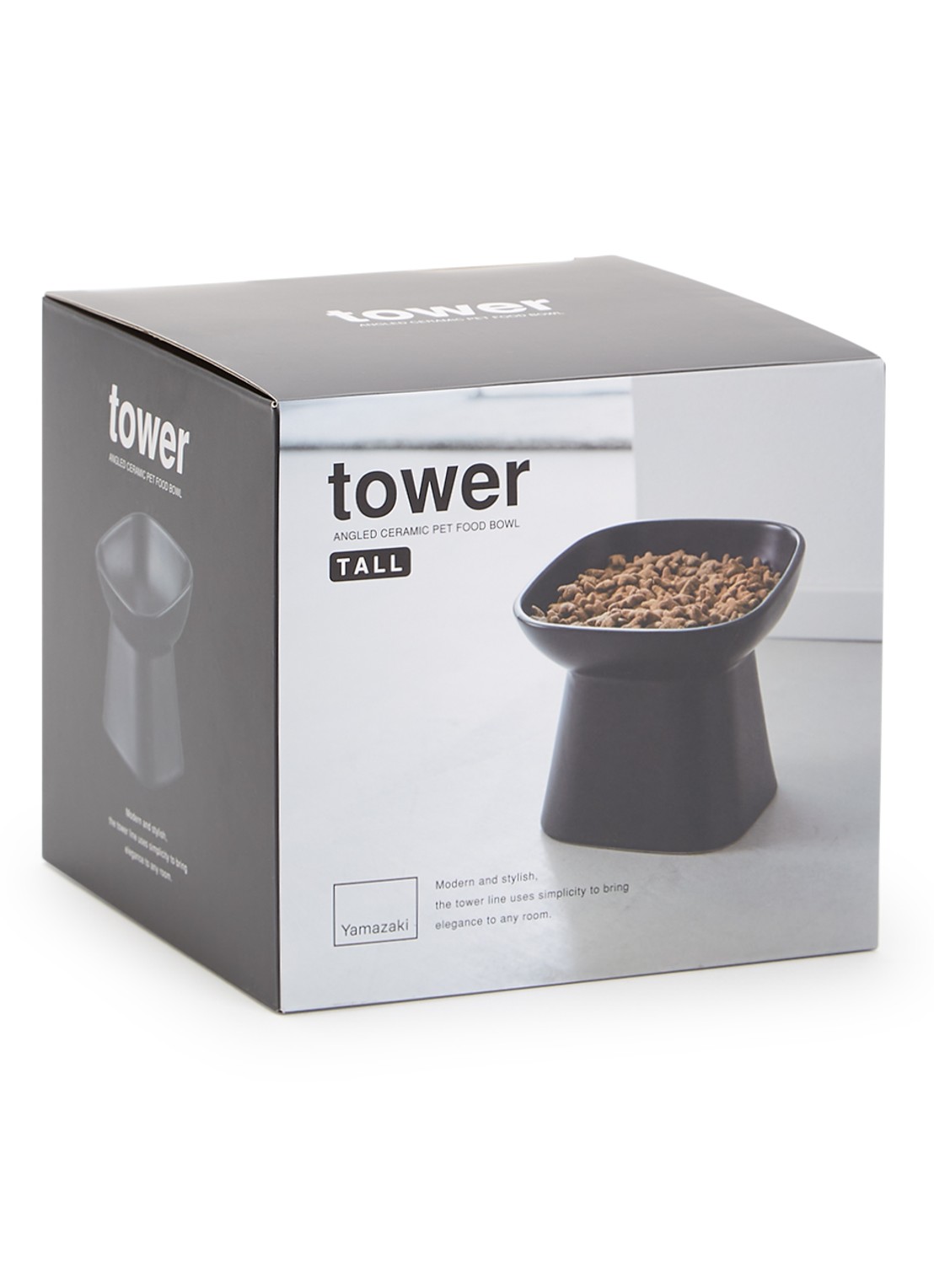 Yamazaki Tower Tall voerbak 12 x 12 cm - voorkant zwart